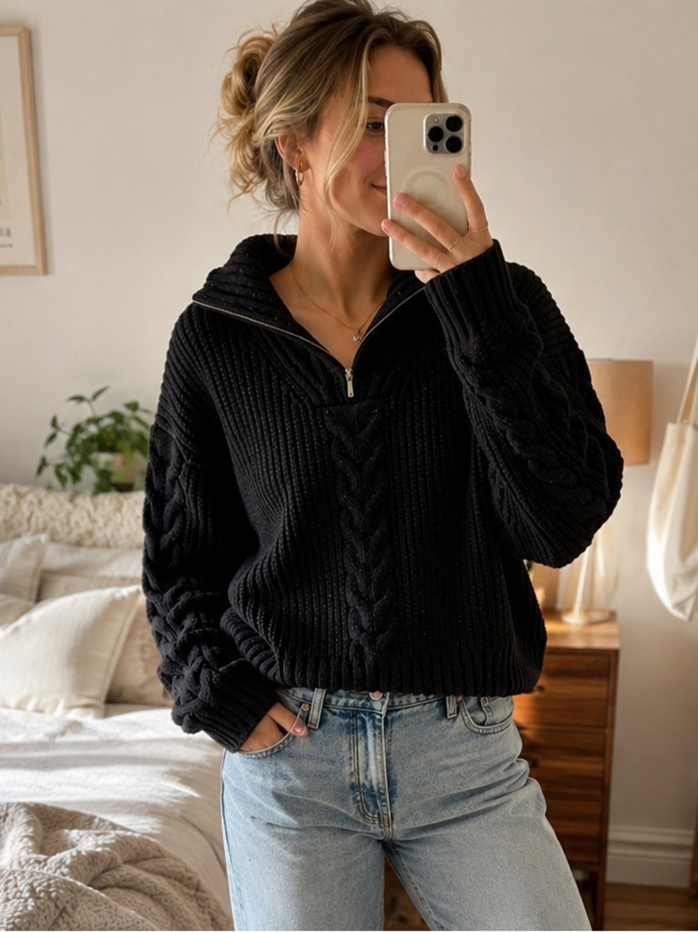 Prana Black Cable-Knit quarer Zip Turtleneck Sweater Size XL